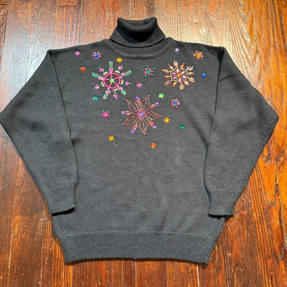 Santoria Turtleneck Sweater Womens Medium Black Vintage 1992 Beaded Snowflake
